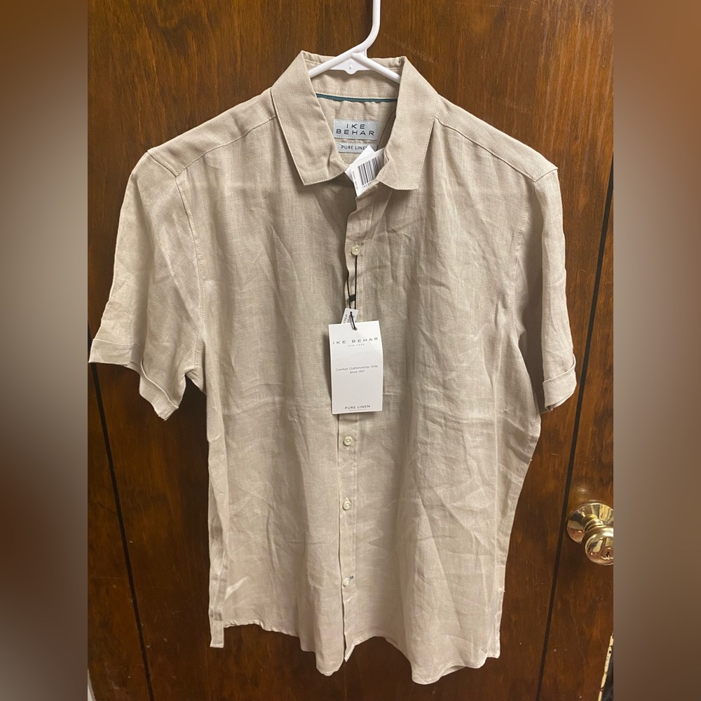 NEW $85 Ike Behar “Luxe Travel” Pure Linen Button Down Beige Tan Shirt Size S